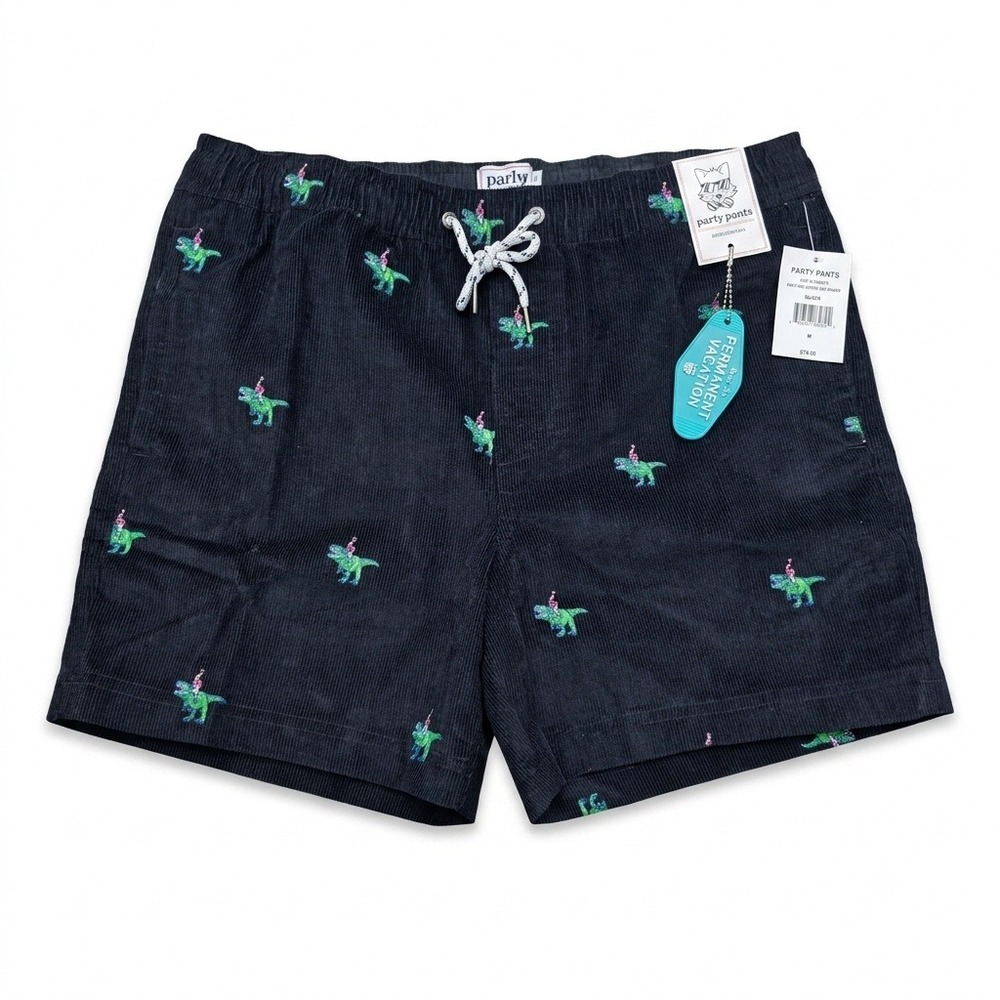 Party Pants Mens Medium Corduroy Shorts Black T-Rex Dinosaur Embroidered NWT New